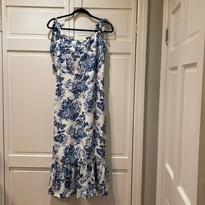 Aqua Toile De Jouy Sleeveless Floral Midi Dress